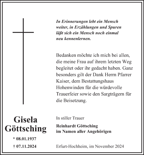 Traueranzeige von Gisela Göttsching von Thüringer Allgemeine, Thüringische Landeszeitung