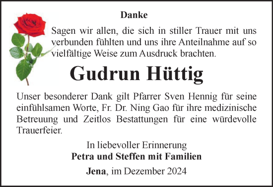 Traueranzeige von Gudrun Hüttig von Ostthüringer Zeitung, Thüringische Landeszeitung