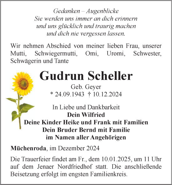 Traueranzeige von Gudrun Scheller von Thüringer Allgemeine, Thüringische Landeszeitung