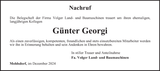 Traueranzeige von Günter Georgi von Ostthüringer Zeitung