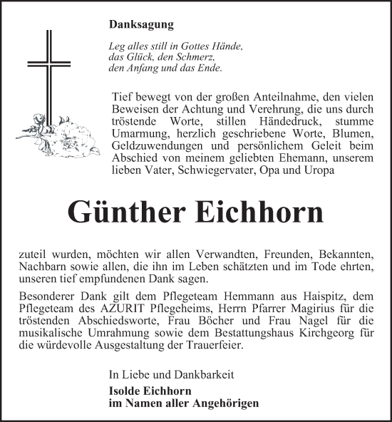 Traueranzeige von Günther Eichhorn von Ostthüringer Zeitung