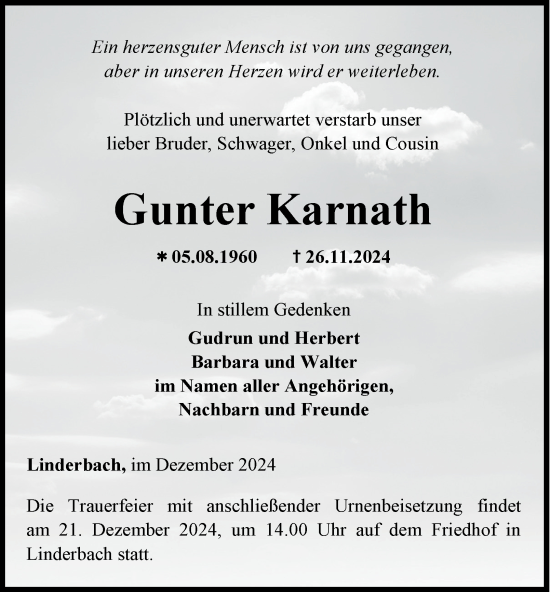 Traueranzeige von Gunter Karnath von Thüringer Allgemeine, Thüringische Landeszeitung