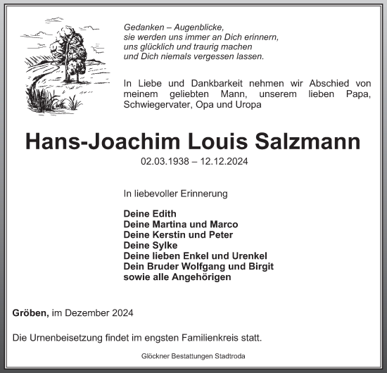 Traueranzeige von Hans-Joachim Louis Salzmann von Ostthüringer Zeitung