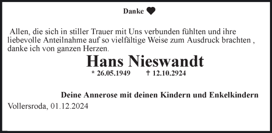 Traueranzeige von Hans Nieswandt von Thüringer Allgemeine, Thüringische Landeszeitung