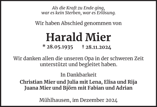 Traueranzeige von Harald Mier von Thüringer Allgemeine, Thüringische Landeszeitung
