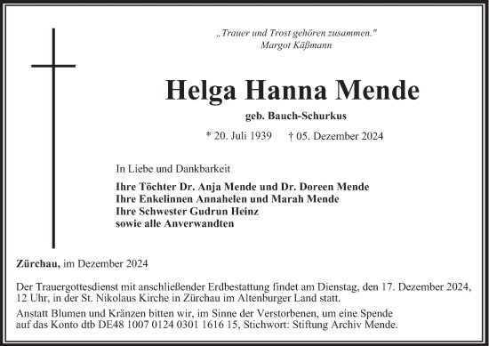 Traueranzeige von Helga Hanna Mende von Ostthüringer Zeitung