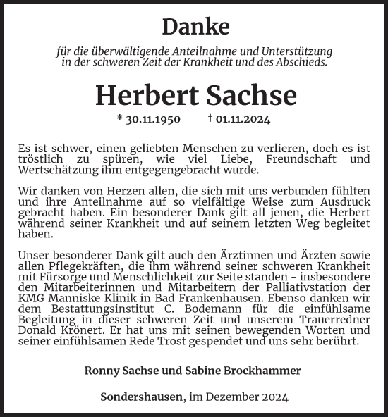 Traueranzeige von Herbert Sachse von Thüringer Allgemeine