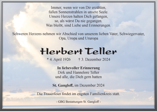 Traueranzeige von Herbert Teller von Ostthüringer Zeitung