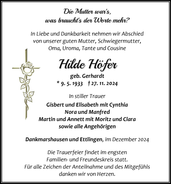 Traueranzeige von Hilde Höfer von Thüringer Allgemeine, Thüringische Landeszeitung