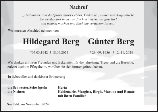 Traueranzeige von Hildegard und Günter Berg von Ostthüringer Zeitung