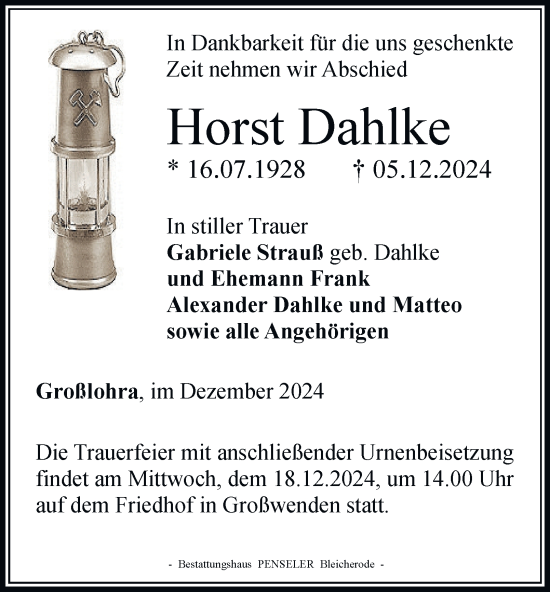 Traueranzeige von Horst Dahlke von Thüringer Allgemeine