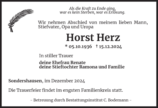 Traueranzeige von Horst Herz von Thüringer Allgemeine