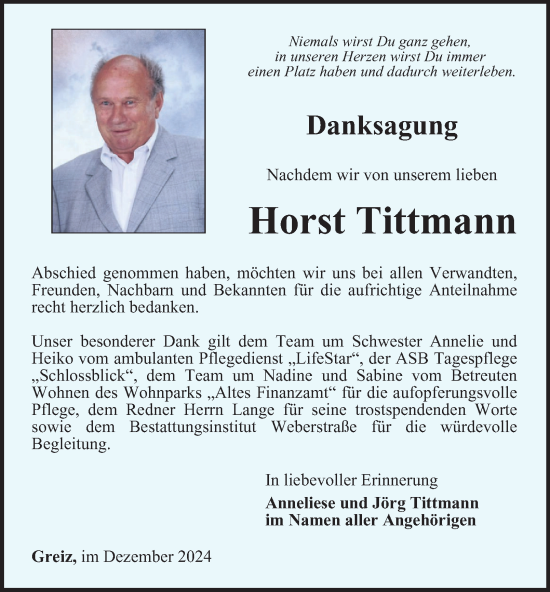 Traueranzeige von Horst Tittmann von Ostthüringer Zeitung