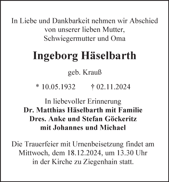 Traueranzeige von Ingeborg Häselbarth von Ostthüringer Zeitung, Thüringische Landeszeitung