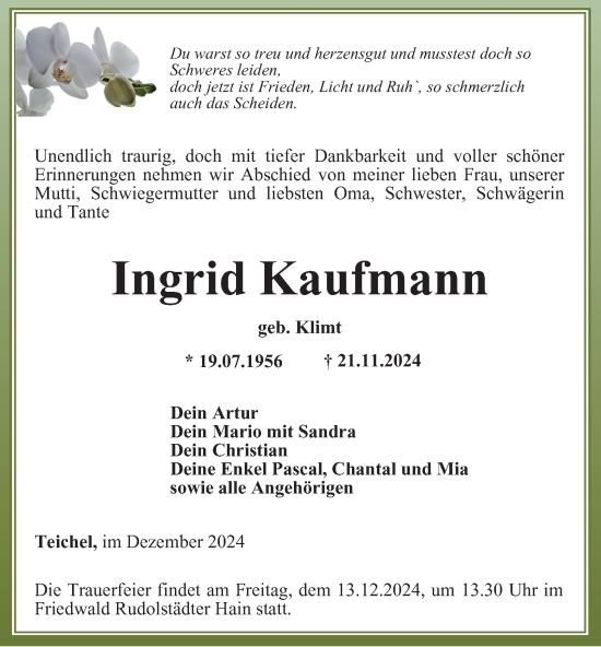 Traueranzeige von Ingrid Kaufmann von Ostthüringer Zeitung