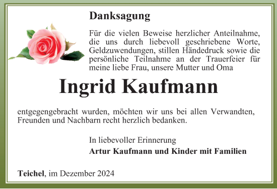 Traueranzeige von Ingrid Kaufmann von Ostthüringer Zeitung