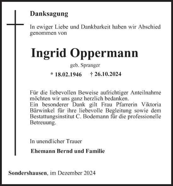 Traueranzeige von Ingrid Oppermann von Thüringer Allgemeine