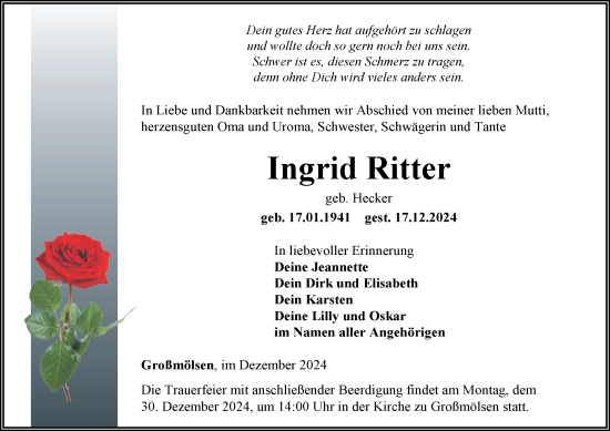 Traueranzeige von Ingrid Ritter von Thüringer Allgemeine, Thüringische Landeszeitung