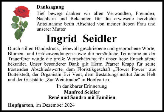 Traueranzeige von Ingrid Seidler von Thüringer Allgemeine, Thüringische Landeszeitung