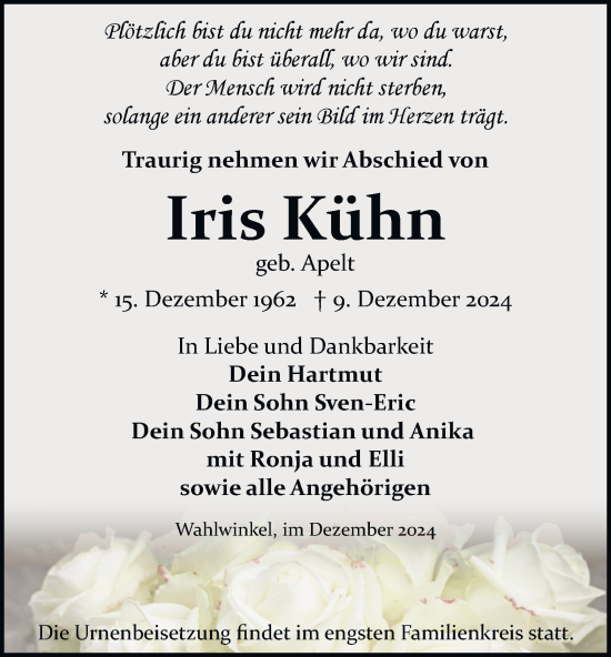 Traueranzeige von Iris Kühn von Thüringer Allgemeine, Thüringische Landeszeitung