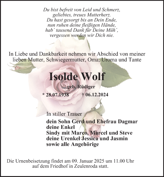 Traueranzeige von Isolde Wolf von Ostthüringer Zeitung