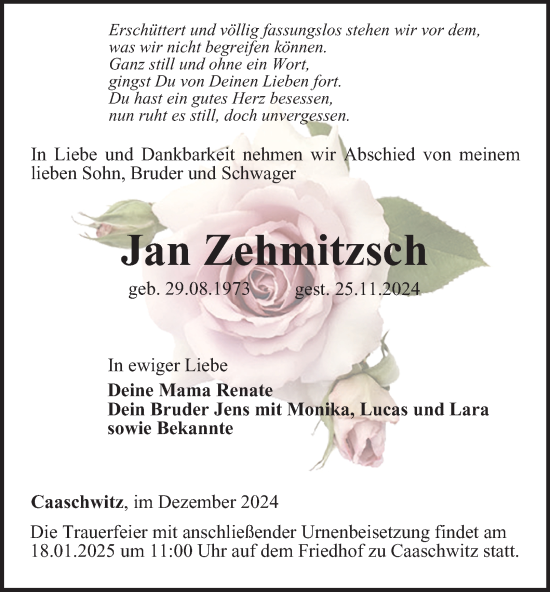 Traueranzeige von Jan Zehmitzsch von Ostthüringer Zeitung