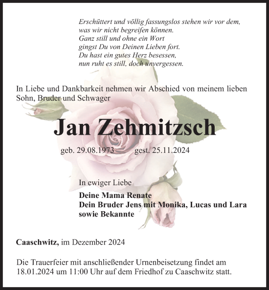 Traueranzeige von Jan Zehmitzsch von Ostthüringer Zeitung