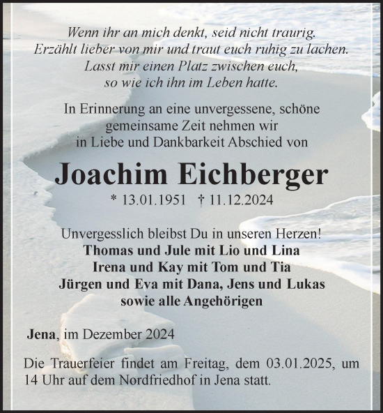 Traueranzeige von Joachim Eichberger von Ostthüringer Zeitung, Thüringische Landeszeitung