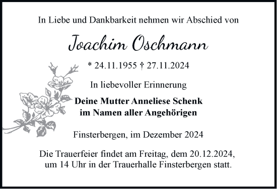 Traueranzeige von Joachim Oschmann von Thüringer Allgemeine, Thüringische Landeszeitung