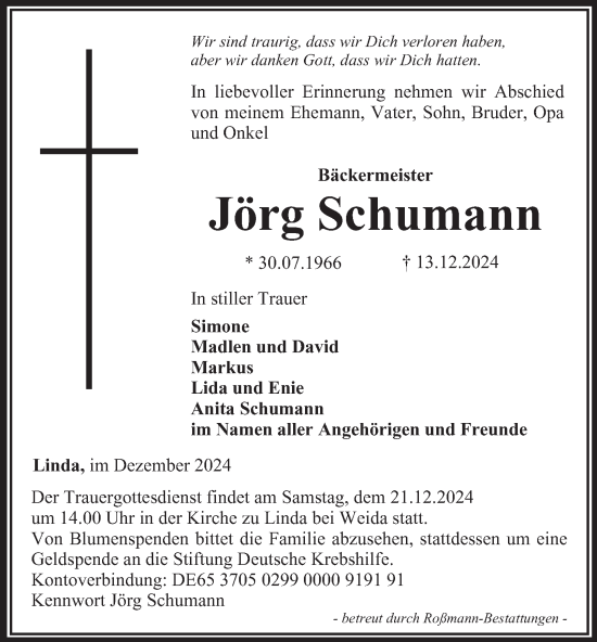 Traueranzeige von Jörg Schumann von Ostthüringer Zeitung