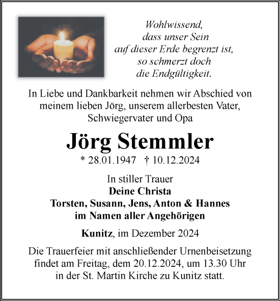 Traueranzeige von Jörg Stemmler von Ostthüringer Zeitung, Thüringische Landeszeitung