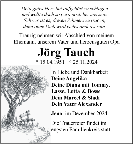 Traueranzeige von Jörg Tauch von Ostthüringer Zeitung, Thüringische Landeszeitung