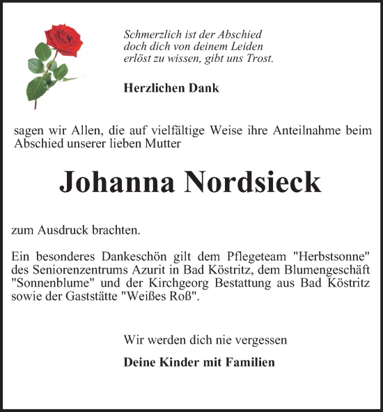 Traueranzeige von Johanna Nordsieck von Ostthüringer Zeitung