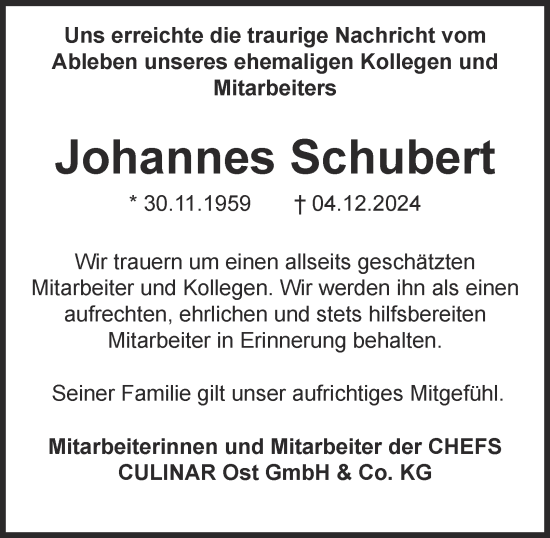 Traueranzeige von Johannes Schubert von Ostthüringer Zeitung, Thüringische Landeszeitung