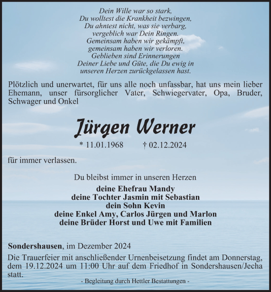 Traueranzeige von Jürgen Werner von Thüringer Allgemeine