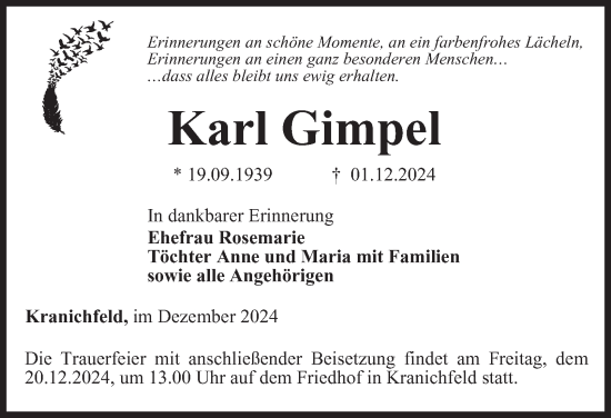 Traueranzeige von Karl Gimpel von Thüringer Allgemeine, Thüringische Landeszeitung