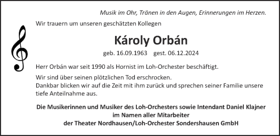 Traueranzeige von Karoly Orban von Thüringer Allgemeine