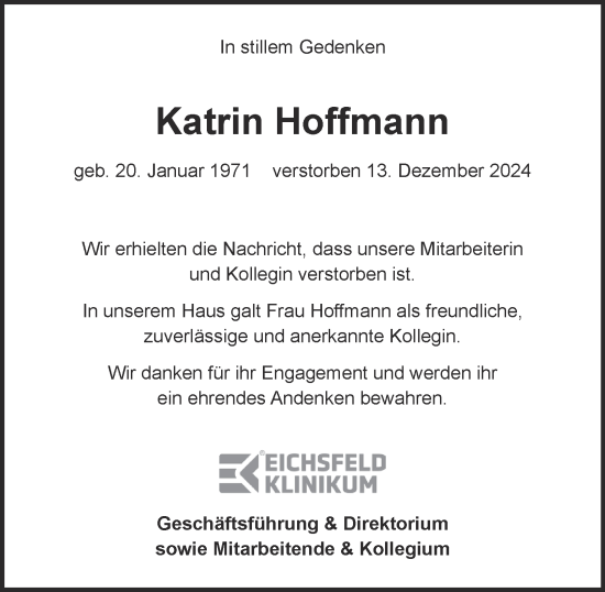 Traueranzeige von Katrin Hoffmann von Thüringer Allgemeine