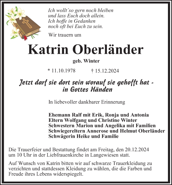 Traueranzeige von Katrin Oberländer von Thüringer Allgemeine