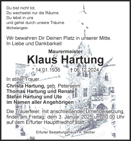 Traueranzeige von Klaus Hartung von Thüringer Allgemeine, Thüringische Landeszeitung