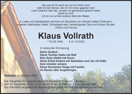 Traueranzeige von Klaus Vollrath von Thüringer Allgemeine, Thüringische Landeszeitung