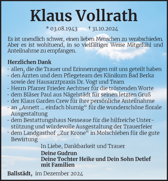 Traueranzeige von Klaus Vollrath von Thüringer Allgemeine, Thüringische Landeszeitung