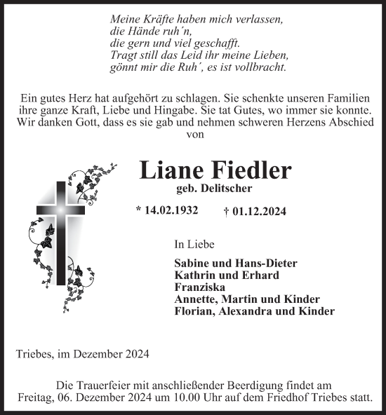 Traueranzeige von Liane Fiedler von Ostthüringer Zeitung