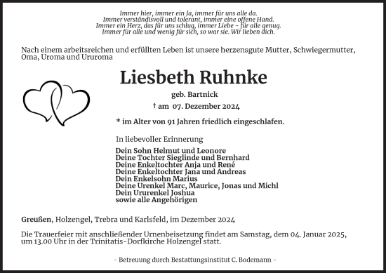 Traueranzeige von Liesbeth Ruhnke von Thüringer Allgemeine