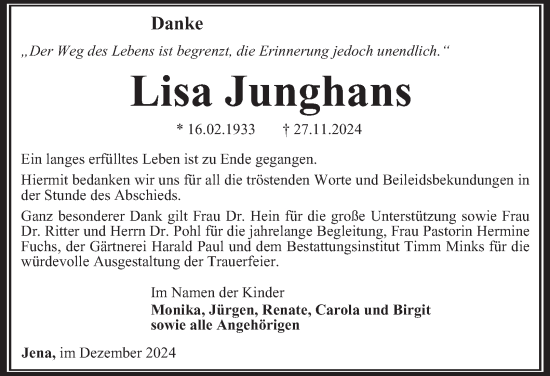 Traueranzeige von Lisa Junghans von Ostthüringer Zeitung, Thüringische Landeszeitung