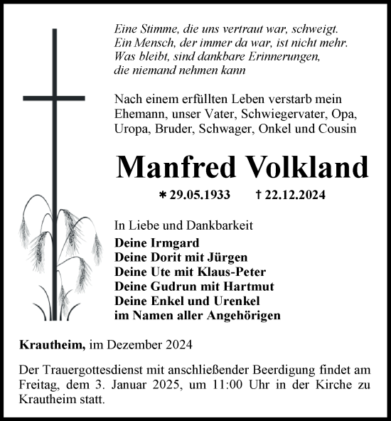Traueranzeige von Manfred Volkland von Thüringer Allgemeine, Thüringische Landeszeitung