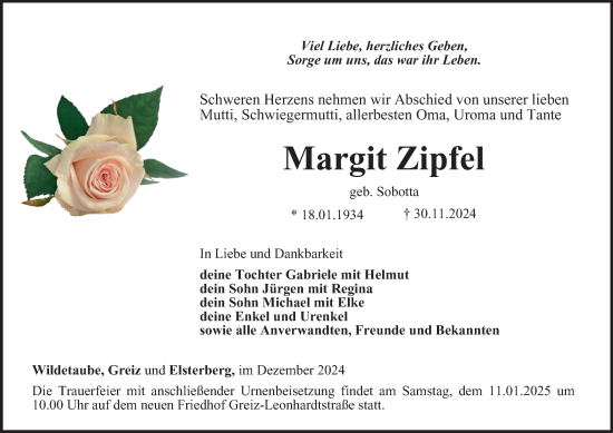 Traueranzeige von Margit Zipfel