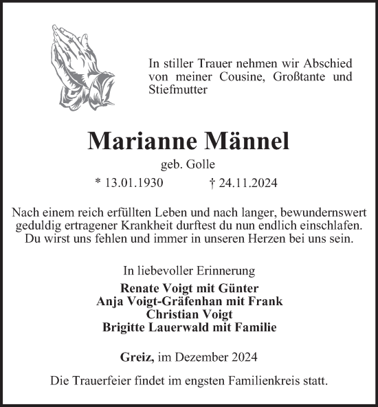 Traueranzeige von Marianne Männel von Ostthüringer Zeitung