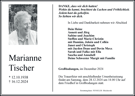 Traueranzeige von Marianne Tischer von Thüringer Allgemeine