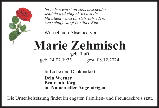 Traueranzeige von Marie Zehmisch von Ostthüringer Zeitung